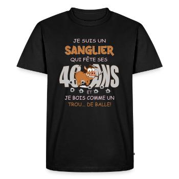 Chasseur, Anniversaire 40 ans, Humour Sanglier - T-shirt Premium bio Homme - noir - Devant - Nico (187cm)