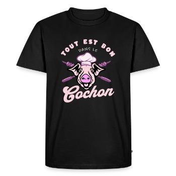 Cochon Humour - Tout est Bon Dans Le Cochon - T-shirt Premium bio Homme - noir - Devant - Nico (187cm)