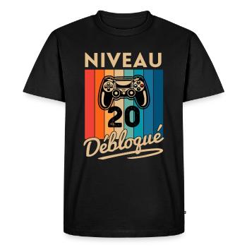 Cadeau Homme 20 ans Anniversaire Gamer Niveau 20 - T-shirt Premium bio Homme - noir - Devant - Nico (187cm)