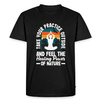Emmenez votre pratique à l’extérieur et sentez la nature - T-shirt Premium bio Homme - noir - Devant - Nico (187cm)