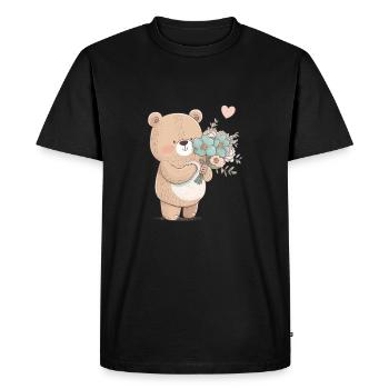 Ours de dessin animé avec des fleurs et du cœur - T-shirt Premium bio Homme - noir - Devant - Nico (187cm)