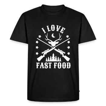 Chasse aux chasseurs J’adore la chasse à la restauration rapide - T-shirt Premium bio Homme - noir - Devant - Nico (187cm)