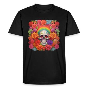 Crâne avec arc-en-ciel dans un lit de roses - T-shirt Premium bio Homme - noir - Devant - Nico (187cm)
