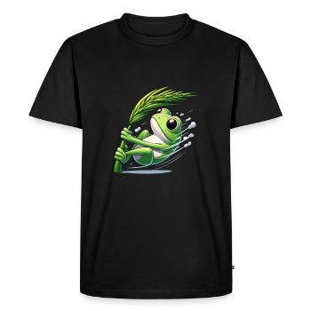 Grenouille comique accrochée à un brin d’herbe - T-shirt Premium bio Homme - noir - Devant - Nico (187cm)
