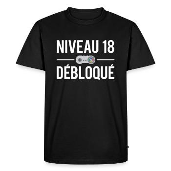Niveau 18 débloqué anniversaire 18 ans majeur - T-shirt Premium bio Homme - noir - Devant - Nico (187cm)