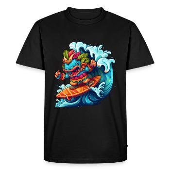 Comic Monster on Surfboard with Big Wave - Men's Premium Organic T-Shirt - black - Front - Nico (187cm)