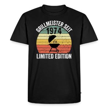 50e anniversaire - Grillmeister depuis 1974 - T-shirt Premium bio Homme - noir - Devant - Nico (187cm)