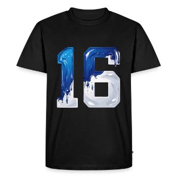 NON. 16 NUMÉRO 16 BLEU BLANC 16E ANNIVERSAIRE - T-shirt Premium bio Homme - noir - Devant - Nico (187cm)
