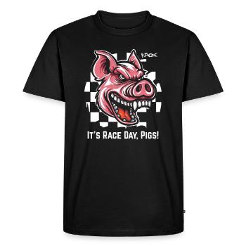 Toujours prêt pour la course, cochon drapeau à damier - T-shirt Premium bio Homme - noir - Devant - Nico (187cm)