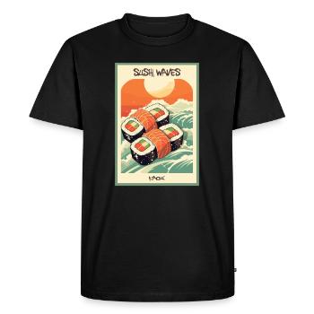 Affiche publicitaire japonaise parodique : Vagues de sushi - T-shirt Premium bio Homme - noir - Devant - Nico (187cm)