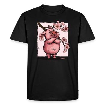 Offended Japanese Sakura Flowers Pig - Men's Premium Organic T-Shirt - black - Front - Nico (187cm)