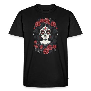 Sugar Skull Skull Woman with Roses - Men's Premium Organic T-Shirt - black - Front - Nico (187cm)