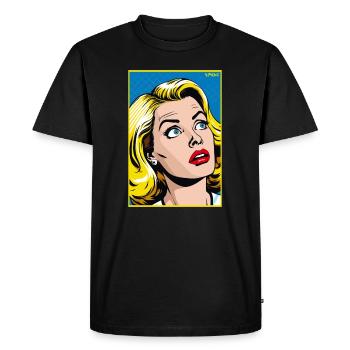 Cartoon Pop Art: Blonde Woman in Action - Men's Premium Organic T-Shirt - black - Front - Nico (187cm)