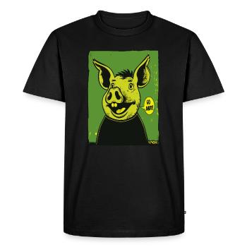 Green cartoon pig says, "Get out!" - Men's Premium Organic T-Shirt - black - Front - Nico (187cm)