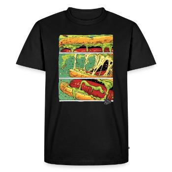 Planches BD : Saucisse monstre au fromage dans un petit pain - T-shirt Premium bio Homme - noir - Devant - Nico (187cm)