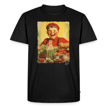 Propagande vintage : un garçon mange des aliments sains - T-shirt Premium bio Homme - noir - Devant - Nico (187cm)