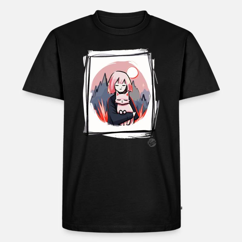 Mädchen mit Katze - Männer Premium Bio T-Shirt - Schwarz