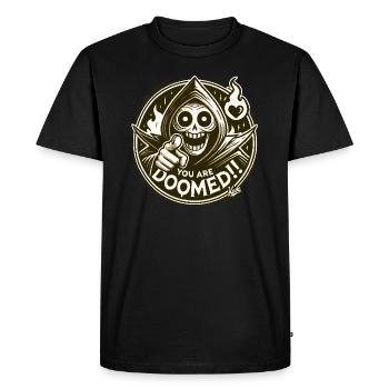 « Tu es damné ! » drôle de Faucheuse avec du cœur - T-shirt Premium bio Homme - noir - Devant - Nico (187cm)