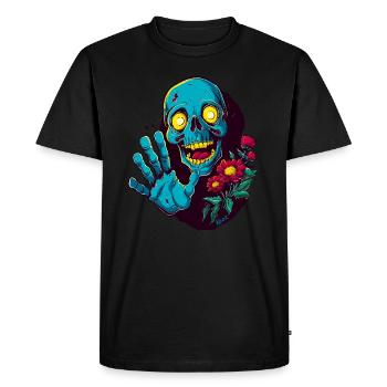 Funny skull with flowers greets: Hello! - Men's Premium Organic T-Shirt - black - Front - Nico (187cm)
