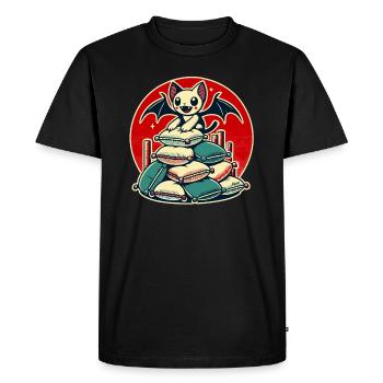 Happy Bat – Sur une pile d’oreillers - T-shirt Premium bio Homme - noir - Devant - Nico (187cm)