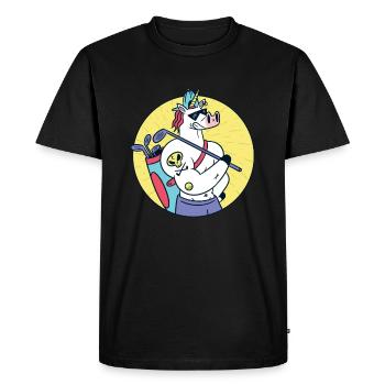 Strong unicorn with tattoo plays golf - Men's Premium Organic T-Shirt - black - Front - Nico (187cm)
