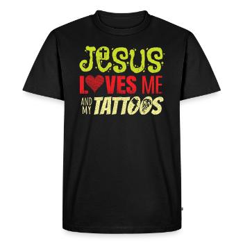Jésus m'aime et aime mes tatouages - T-shirt Premium bio Homme - noir - Devant - Nico (187cm)