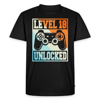 NIVEAU 18 Déverrouillé. Anniversaire 18 ans vintage. - T-shirt Premium bio Homme - noir - Devant - Nico (187cm)