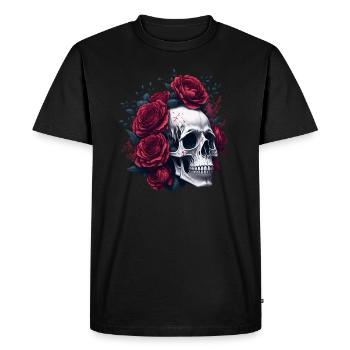 Tête de mort et Roses fleurs rouges gothique - T-shirt Premium bio Homme - noir - Devant - Nico (187cm)
