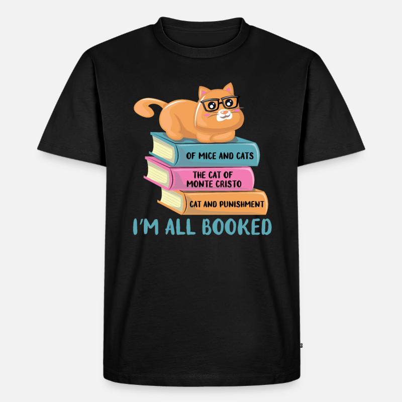 Katze auf Bücherstapel - Männer Premium Bio T-Shirt - Schwarz