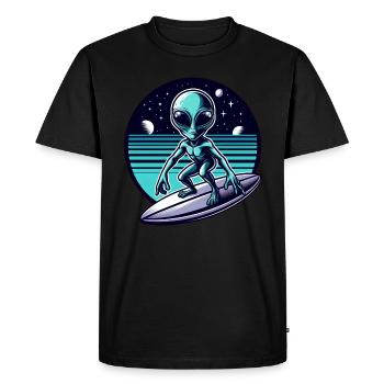 Alien Surfer on UFO Wave - Men's Premium Organic T-Shirt - black - Front - Nico (187cm)