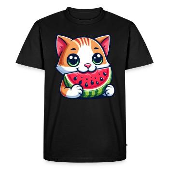 Cat with melon funny fruit cartoon cat - Men's Premium Organic T-Shirt - black - Front - Nico (187cm)