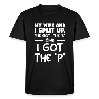Ma femme et moi nous sommes séparés, elle a eu le U et j’ai eu le - T-shirt Premium bio Homme - noir - Devant - Nico (187cm)