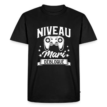 Niveau Mari Débloqué Mariage Fiancé - T-shirt Premium bio Homme - noir - Devant - Nico (187cm)