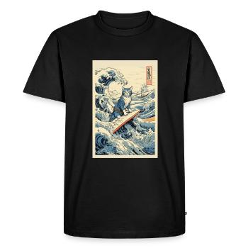 Chat Surfeur Hokusai Art Japonais Humour Kanagawa - T-shirt Premium bio Homme - noir - Devant - Nico (187cm)