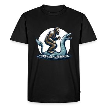 Bigfoot Sasquatch chevauchant le monstre du Loch Ness - T-shirt Premium bio Homme - noir - Devant - Nico (187cm)