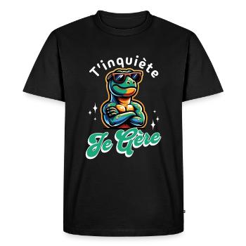 T'inquiète Je Gère T-rex Cool Cadeau Dinosaure - T-shirt Premium bio Homme - noir - Devant - Nico (187cm)