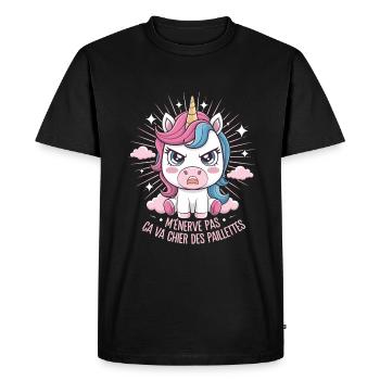 M'Énerve Pas Ça Va Chier Des Paillettes Licorne - T-shirt Premium bio Homme - noir - Devant - Nico (187cm)