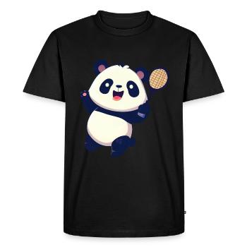 Panda bear plays badminton tennis and laughs - Men's Premium Organic T-Shirt - black - Front - Nico (187cm)