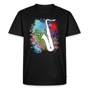 Saxophone on splashes of color - Men's Premium Organic T-Shirt - black - Front - Nico (187cm)