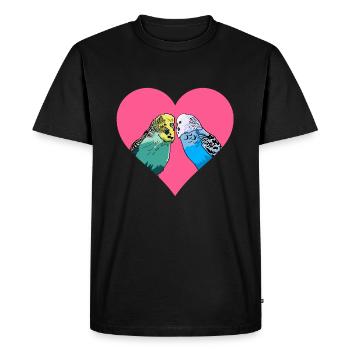 Conception d'amour avec des perruches colorées - T-shirt Premium bio Homme - noir - Devant - Nico (187cm)