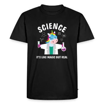 Funny Science Is Like Magic But Real Unicorn Lover - Men's Premium Organic T-Shirt - black - Front - Nico (187cm)