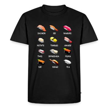 Variétés de sushi Kawaii japonais Manger Japon - T-shirt Premium bio Homme - noir - Devant - Nico (187cm)