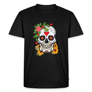 Floral Sugar Skull Muertos Day Of Dead Flower - T-shirt Premium bio Homme - noir - Devant - Nico (187cm)