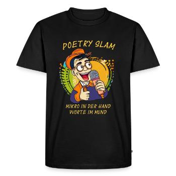 Micro POETRY SLAM à la main, mots à la bouche - T-shirt Premium bio Homme - noir - Devant - Nico (187cm)