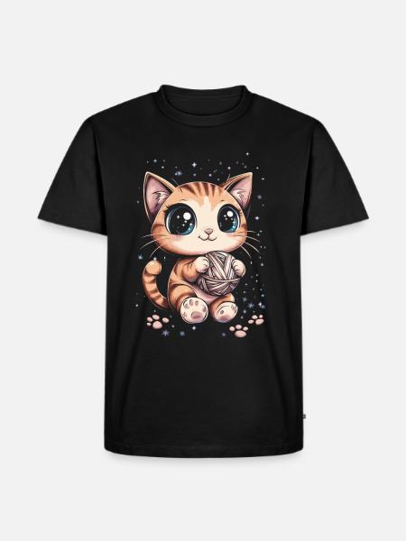 Süße Katze mit Wollknäuel - Männer Premium Bio T-Shirt - Schwarz