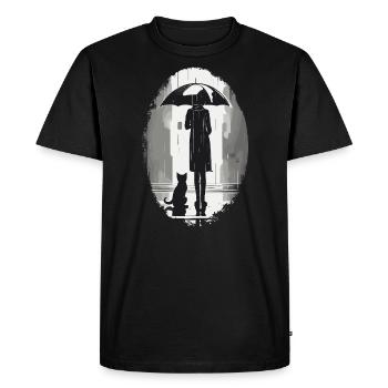 Woman and cat waiting under umbrella in the rain - Men's Premium Organic T-Shirt - black - Front - Nico (187cm)