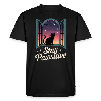 Stay pawsitive - Black cat at the window - Men's Premium Organic T-Shirt - black - Front - Nico (187cm)