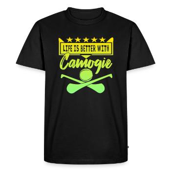 Life is better with Camogie - Men's Premium Organic T-Shirt - black - Front - Nico (187cm)