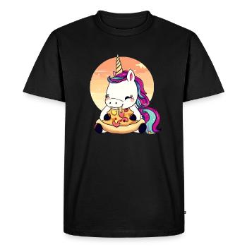 Licorne mangeant une pizza au coucher du soleil - T-shirt Premium bio Homme - noir - Devant - Nico (187cm)