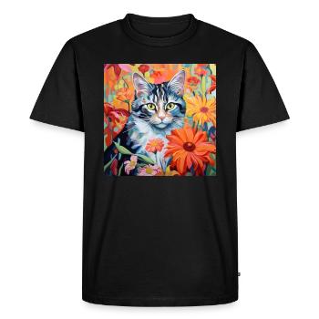 cat, cat motif, flowers, gift, gift idea - Men's Premium Organic T-Shirt - black - Front - Nico (187cm)